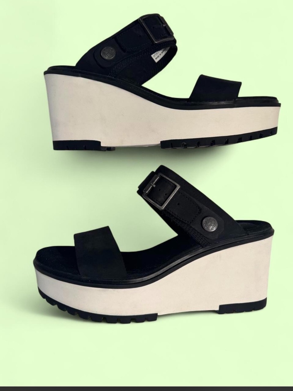 Timberland Koralyn Cross Band Wedge Sandals in Black/White Sz8.5